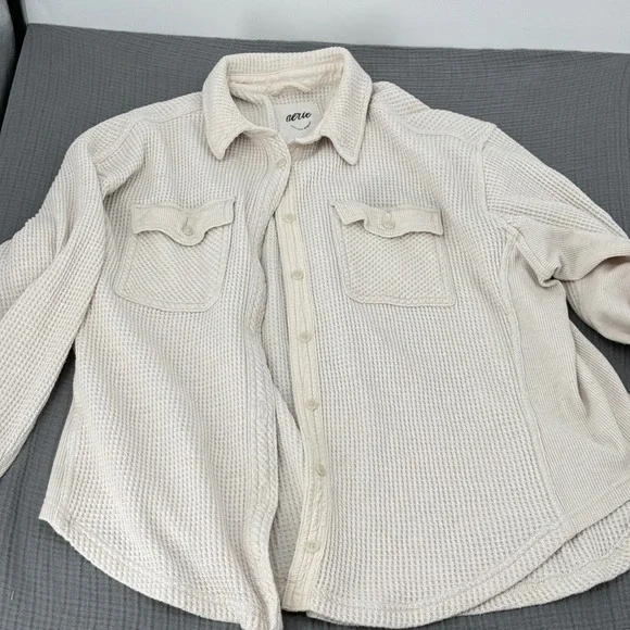 Aerie LumberJane Waffle Shirt Jacket Off White Cream 2023 Oversized Cozy Shacket - Picture 2 of 9